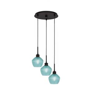 Albany 60-Watt 13.5 in. 3-Light Espresso Cord Pendant Light Turquoise Textured Glass Shade