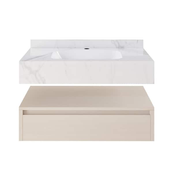 Swiss Madison Avancer 36 in. Wall-Mounted Bathroom Vanity in White Oak with White Marble Ceramic Sink Top