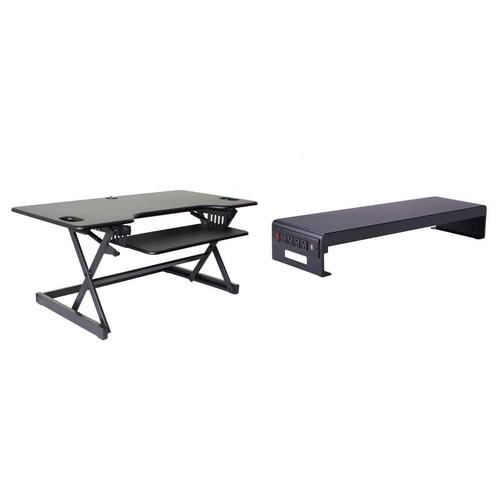 46 in. W Black Height Adjustable Standing Desk Converter with Double Monitor Mount Stand and Deep Keyboard Tray