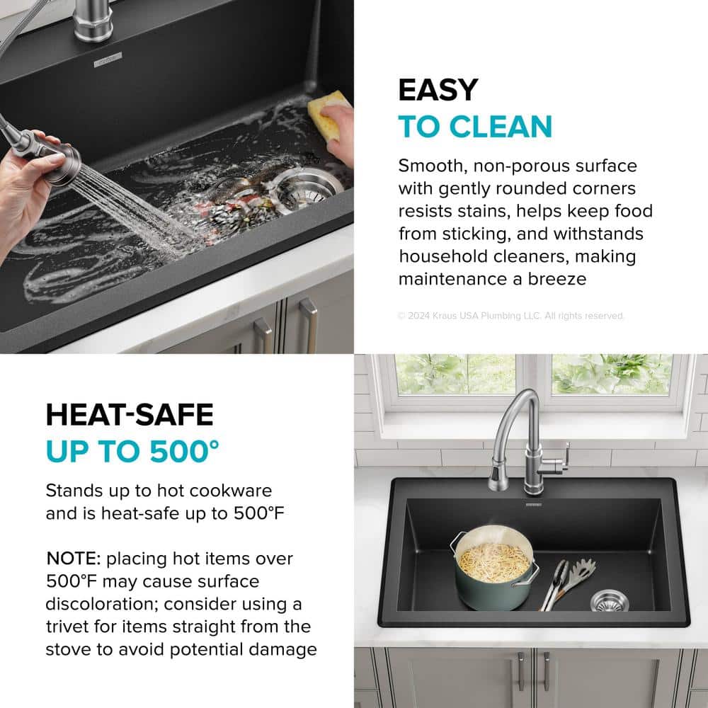 33-Inch Black Granite Single Bowl Drop-In Kitchen Sink