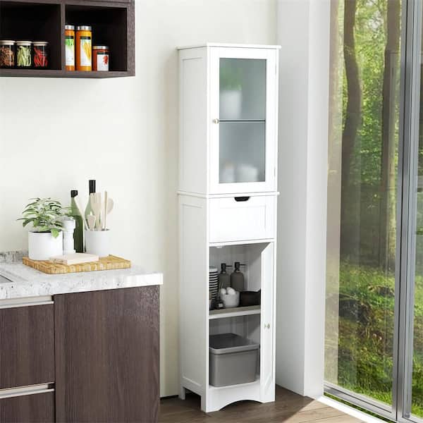 15.5 in. W x 12 in. D x 67 in. H White Bathroom Tall Freestanding Linen Cabinet Tower with Doors & Drawer