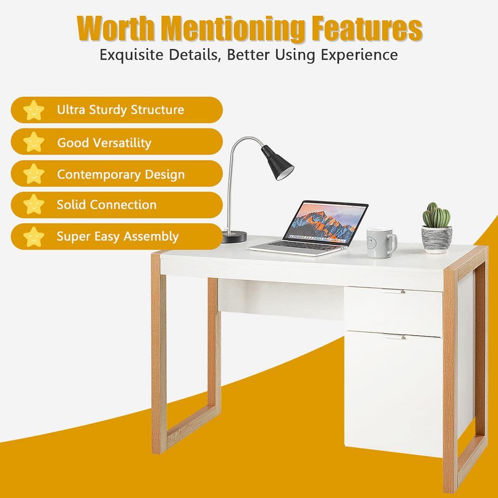 Modern White Natural Wood Computer Desk with Drawer and Cabinet
