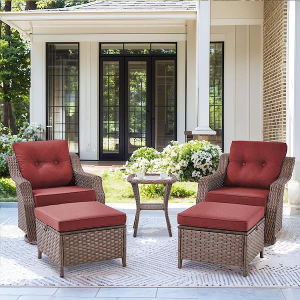 moosprr Modern Farmhouse 5-Piece Brown PE Wicker Patio Conversation Set with 6 in. Olefin Red Cushions/Ottomans