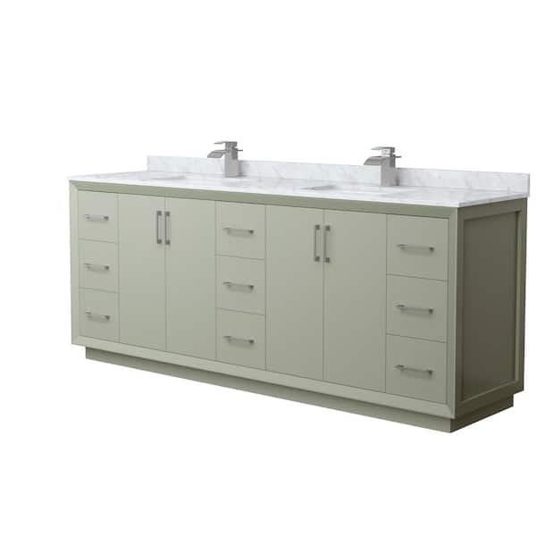 Wyndham Collection Strada 84 in. W x 22 in. D x 35 in. H Double Bath Vanity in Light Green with White Carrara Marble Top