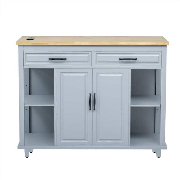 Ziyudura Blue Rolling Rubber Wood Veneer Top 47 in. Kitchen Island Cart with Power Outlet, 6 Smooth Wheels, Adjustable Shelves