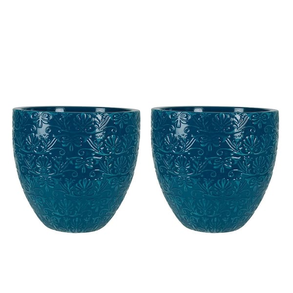 15.1 in. Aurelia Medium Teal Patina Decorative High-Density Resin Planter 2-Pack (15.1 in. W x 14.2 in. H)