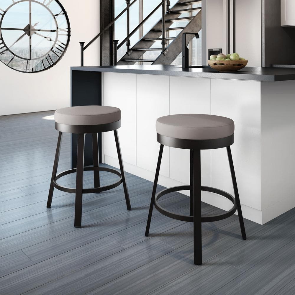 Taupe Grey Faux Leather Swivel Bar Stool with Dark Brown Metal Base