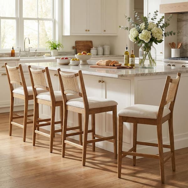Kestral Modern Rustic 38.5 in. H Beige Rope and Walnut Finish Solid Wood Counter Stools with Beige Cushion, Set of 4