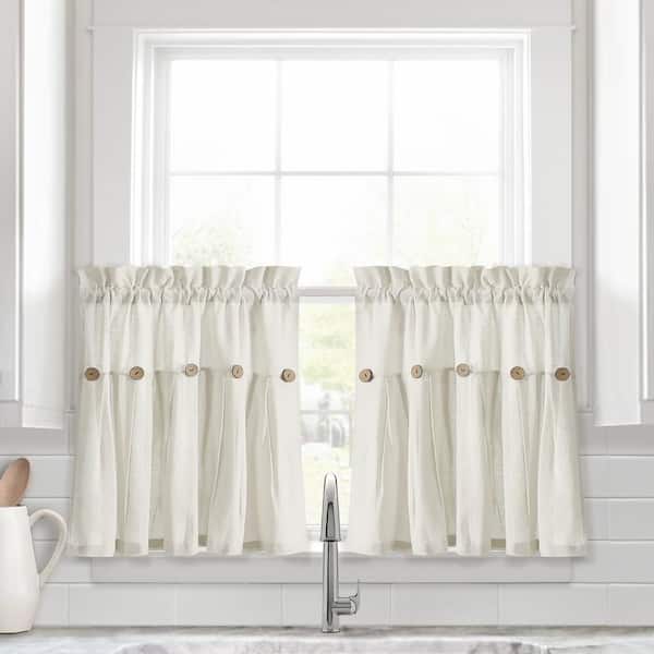Lush Decor Linen Button Kitchen Tier Window Curtain Panels Off White 29X24 Set