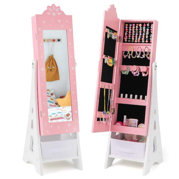Bunpeony Kids Pink Jewelry Cabinet with Full-Length Mirror