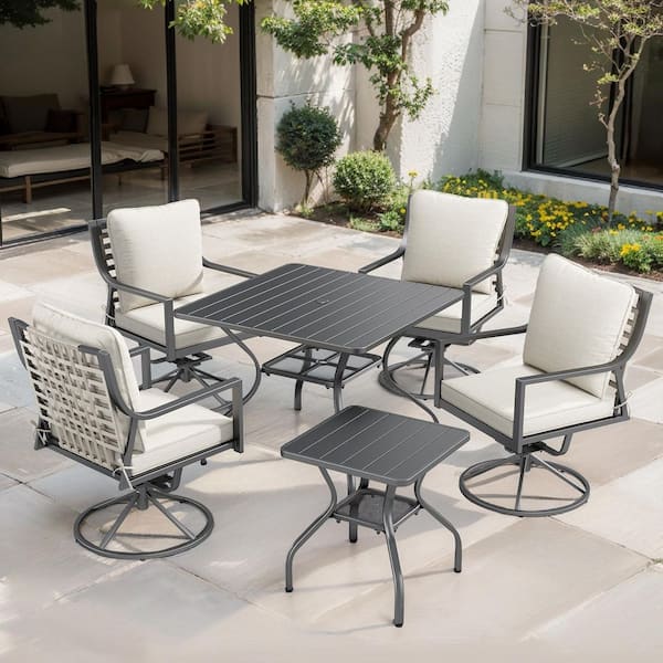 Komodo Black 6-Piece Metal Outdoor Dining Set with Square Table, Gray Wicker Backrests, and Beige Cushions