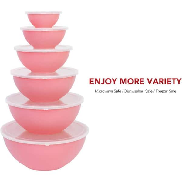 UUDULY 12 Piece Pink Plastic Mixing Bowl Set with Lids, Nesting