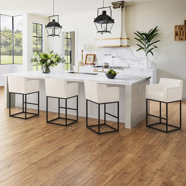 LUE BONA Hampton 30 in. Beige Modern Linen Upholstered Bar Stool Square Metal Frame Counter Height Bar Stool (Set of 4)