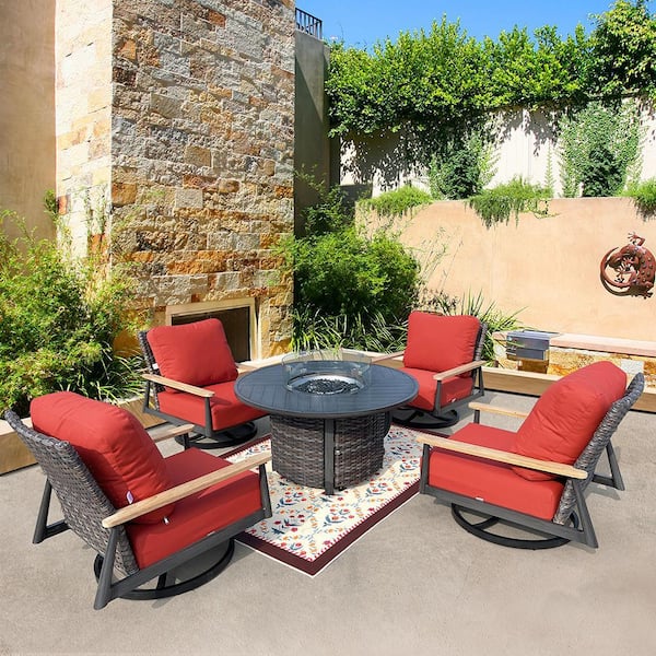Manbo 5-Piece Aluminum Wicker Outdoor Patio Fire Pit Deep Seating Set with Sunbrella Canvas Terracotta Cushions