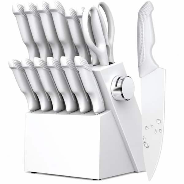 14-Piece High Carbon Stainless Steel Kitchen Knife Set with Block and Built-In Sharpener, Grayish White
