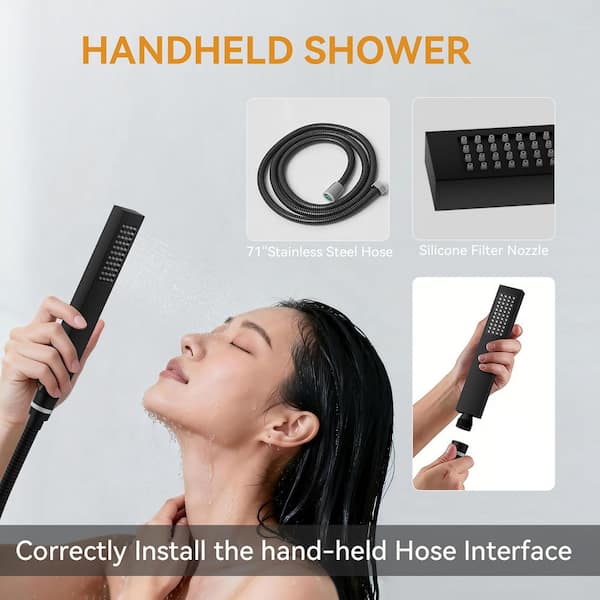 BWE - Rainfall 2-Handle 2-Spray 12 in. Square High Pressure Shower Faucet in Matte Black (Valve Included)