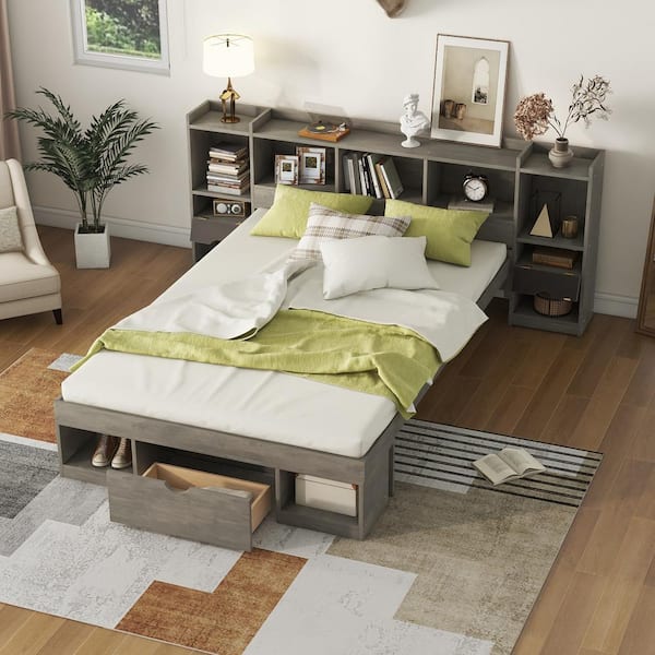 Harper & Bright Designs Gray Wood Frame Queen Size Platform Bed with Storage Headboard and Footboard