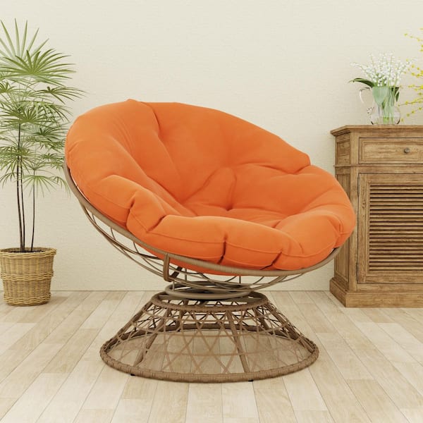 Brown Wicker Outdoor Patio Papasan Swivel Lounge Chair with Orange Cushion