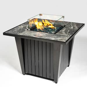 32 in. Gray Rattan Fire Pit Table with Ceramic Tile Tabletop, Glass Wind Guard and Rain Cover