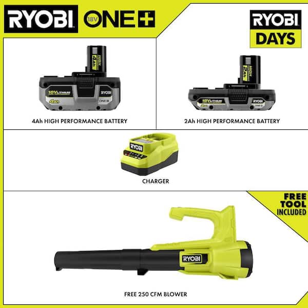ONE+ 18V HIGH PERFORMANCE Kit w/ 4.0 Ah Battery, 2.0 Ah Battery, Charger, & FREE ONE+ Cordless Leaf Blower