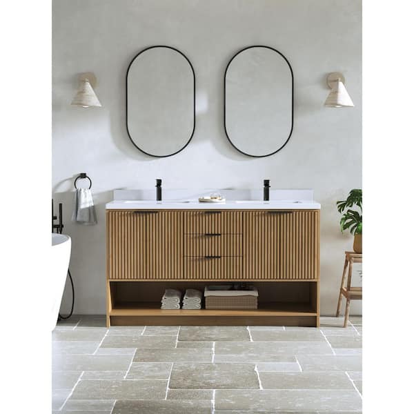 Jing Luxe 55 in. Double Freestanding Weather Fir Bath Vanity with White Engineered Stone Top Assembled