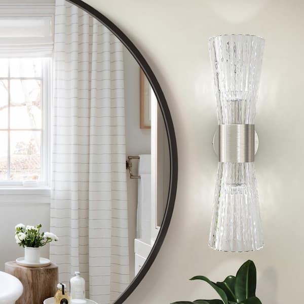 Washington 16.75 in. 2-Light Modern Nickel Wall Sconce with Clear Glass Shade