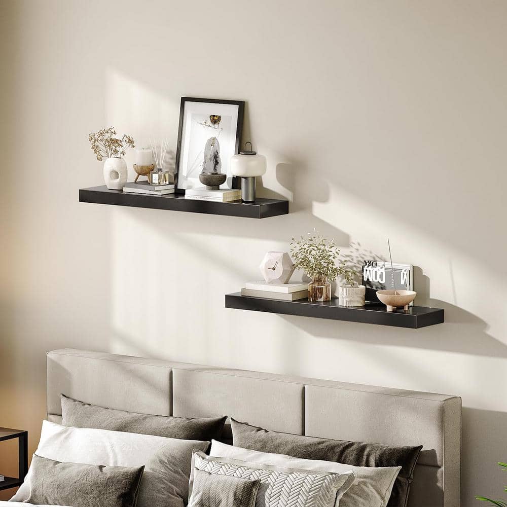 31.5 Inch Black Wood Floating Wall Shelves Set of 2