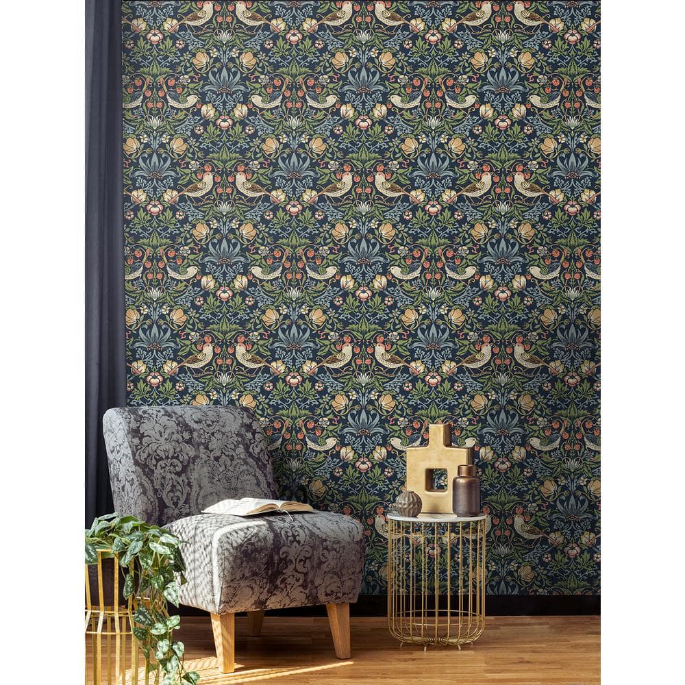 Midnight Blue Botanical Vinyl Peel and Stick Wallpaper Roll