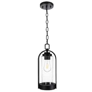 15.7 in. 1-Light Black Outdoor Pendant Light Fixture with Seeded Glass