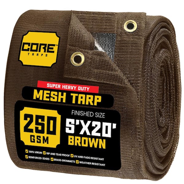 CORETARPS 5 ft. X 20 ft.  Brown 250 GSM 7.5 oz. Heavy Duty Mesh Tarp, UV Resistant