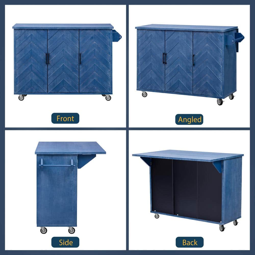 Navy Blue Wood 51.2 in. Farmhouse Kitchen Island with Drop Leaf