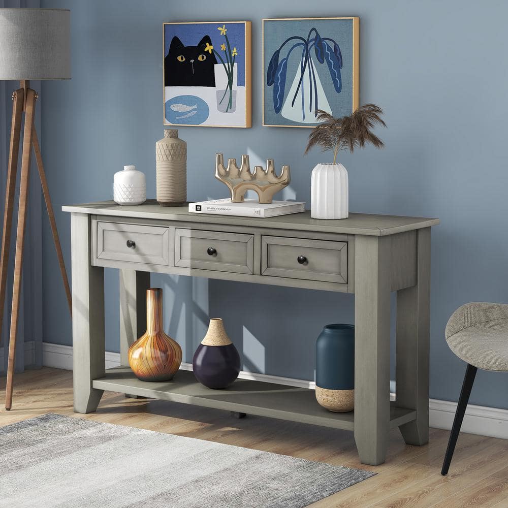 Harper & Bright Designs 55.1 in. Gray Rectangle Wood Console Table with ...