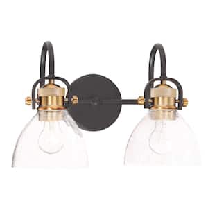 Monico 16.25 in. 2-Light Black and Natural Brushed Brass Vanity Light with Clear Seeded Glass Shades