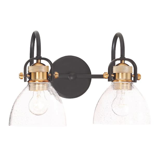 Minka Lavery Monico 16.25 in. 2-Light Black and Natural Brushed Brass Vanity Light with Clear Seeded Glass Shades
