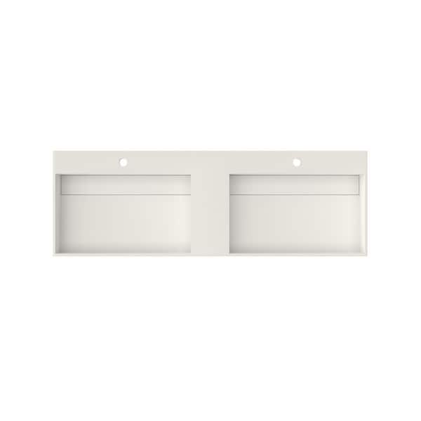 54 x 18 in. Solid Surface Wall Mount Bathroom Double Vessel Sink with Faucet Holes and Drain Cover in Matte White