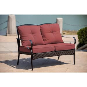 W48 In. Metal Wicker Outdoor Loveseat with Red Cushions