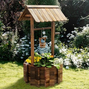 Outdoor Wishing Well Wooden Planter with Hanging Bucket for Garden, Patio, Yard Decor Upgrade - Reinforced Base