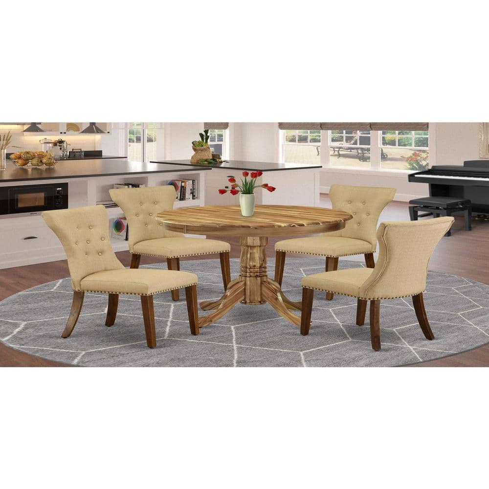 Natural Finish Round Solid Wood Dining Table with Beige Linen Upholstered Chairs
