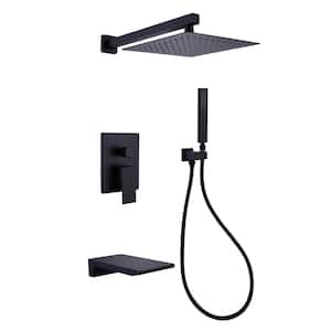 Double-Handle 3-Spray 10 in. Square Wall Mount Tub and Shower Faucet 4.4 GPM in Matte Black (Valve Included)
