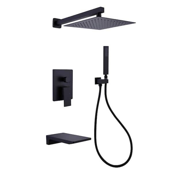 Satico Double-Handle 3-Spray 10 in. Square Wall Mount Tub and Shower Faucet 4.4 GPM in Matte Black (Valve Included)