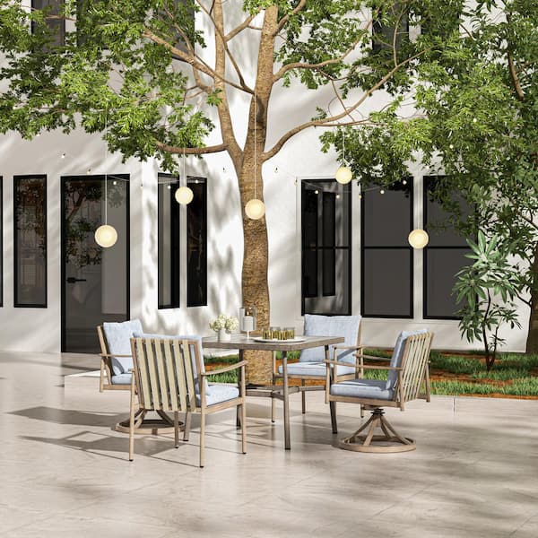 EGEIROSLIFE Sleek Line 5-Piece Aluminum Rectangular Outdoor Dining Set with Swivel Chairs and Blue Cushions