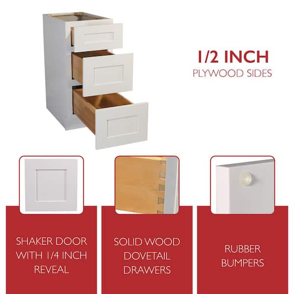Design House Brookings Solid Wood Assembled Shaker 15 in. x 34.5 in. x 24 in. 3 Drawer Base Kitchen Cabinet with 3DB15 in White