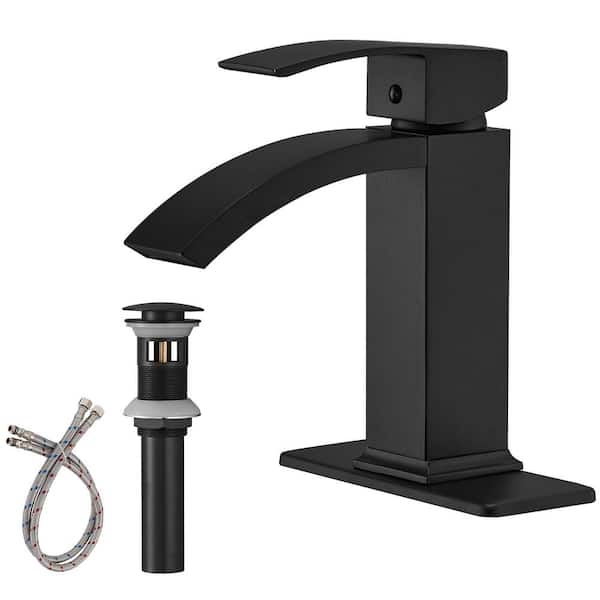 BWE Waterfall Single Hole Single-Handle Low-Arc Bathroom Sink Faucet With Pop-up Drain Assembly In Matte Black