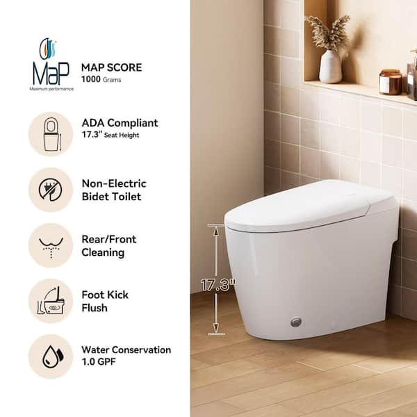Non-Electric Elongated Bidet Toilet 1.0 GPF in White with ADA Chair Height, Foot Kick to Flush