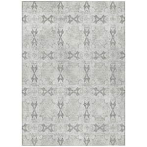 Ivory and Gray 5 ft. x 8 ft. Woven Floral;Medallion Rectangle Indoor/Outdoor Area Rug