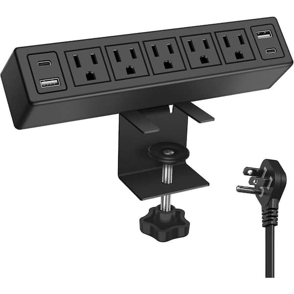 5-Outlet Desktop Clamp Power Strip Surge Protector with 4 USB Ports Max 20-Watt Fast Charging Power Delivery 1200J Black