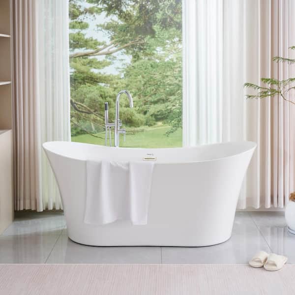 Calais 66.5 in. x 31 in. Acrylic Freestanding Soaking Bathtub with Center Drain in White/Brushed Nickel