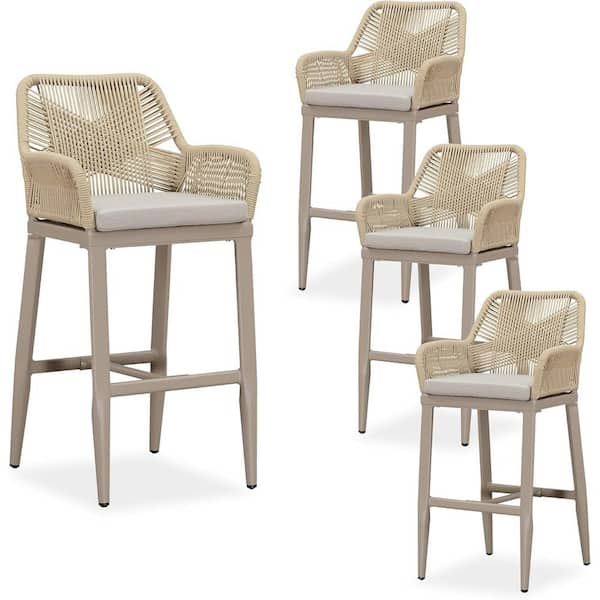 PURPLE LEAF Modern Aluminum Rattan Bar Height Outdoor Bar Stool with Back and Beige Cushion (4-Pack)