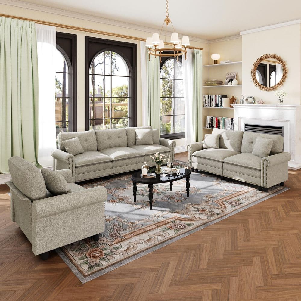113.8 in. Roll Arm 6-Seat Linen-like Fabric Modular Sectional Sofa in Gray with Throw Pillows