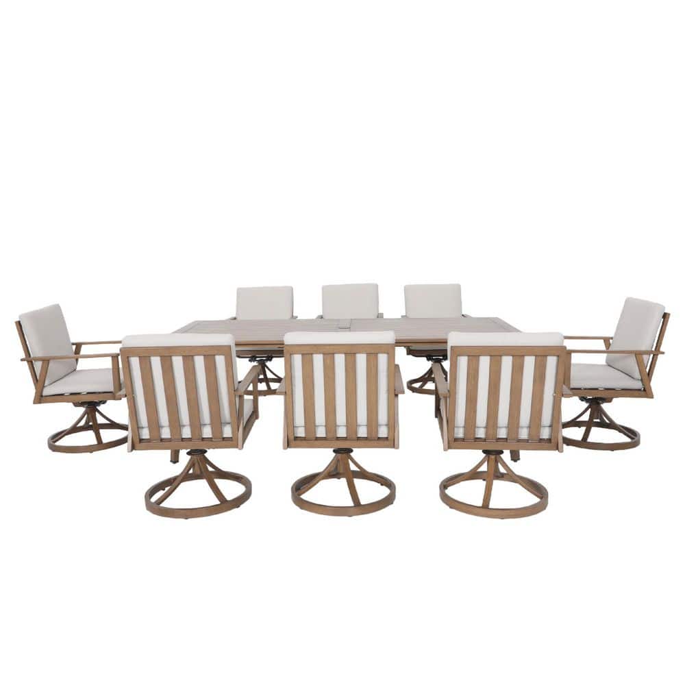 "9-Piece Brown Aluminum Slat Outdoor Dining Set with 84.7"" Rectangular Table,8 Swivel chairs with White Cushions" price history on PriceWatchPro